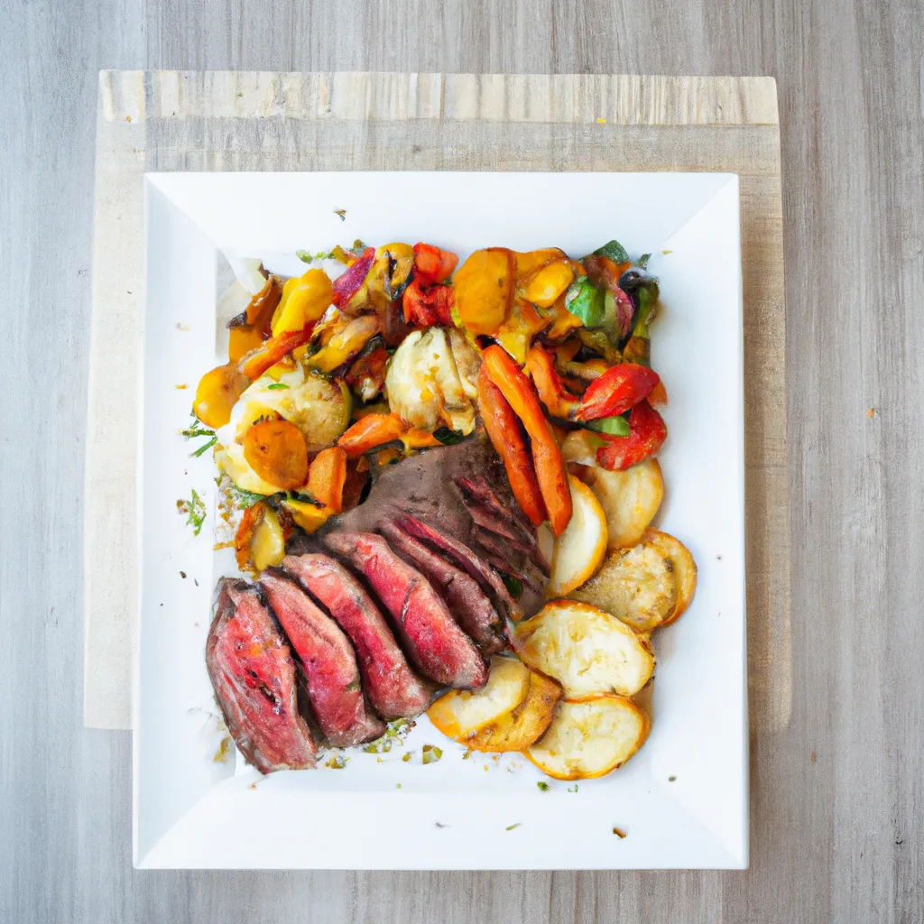 marinated Tri-tip with roasted vegetables plated